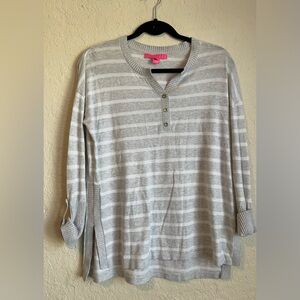 Lilly Pulitzer Faraway Henley Pullover 3/4 Sleeve Button Gray Stripe Sweater XS
